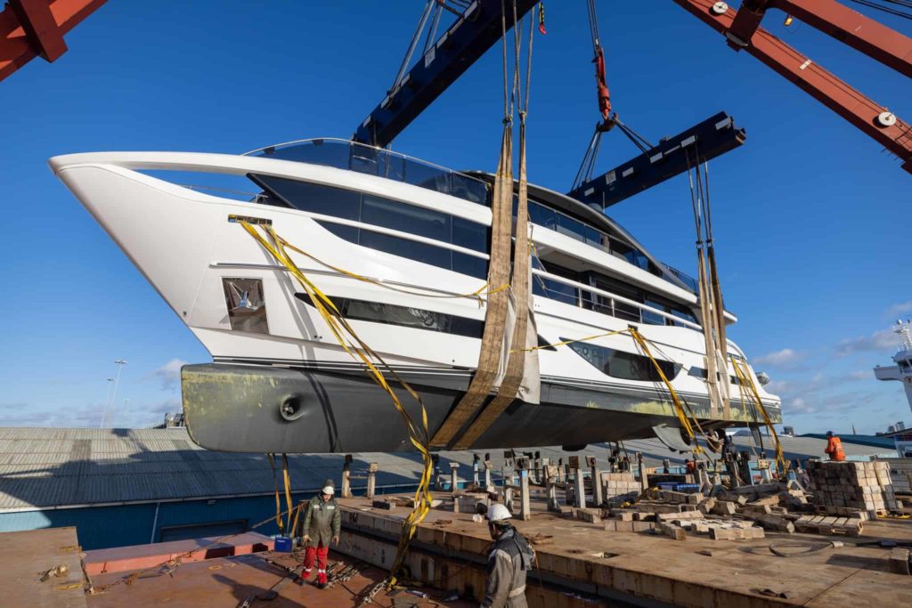 The Princess X95 yacht is prepared for its journey to Thailand.